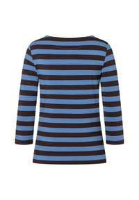 Blau- und braun gestreifte Langarm-T-Shirts mit Rundhalsausschnitt und weicher, glatter Textur. Die Streifen sind gleichmäßig verteilt und haben eine konstante Breite.