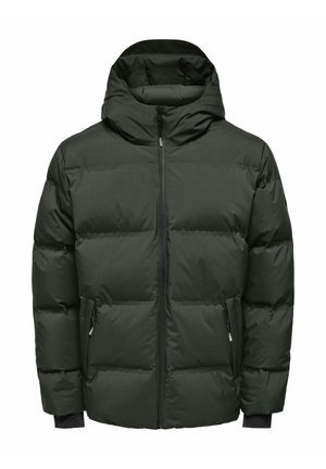 Dunkelgrüne Daunenjacke mit Kapuze, ausgestattet mit einem Frontreißverschluss, zwei Seitentaschen und elastischen Bündchen. Glattes Material mit gestepptem Design.