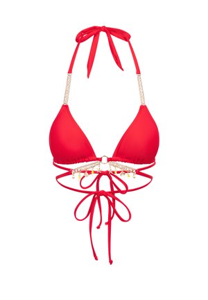 Red bikini top featuring a triangular design, sparkly straps, and decorative charms at the center with adjustable ties at the neck and back.
