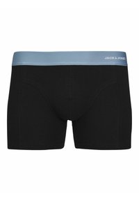 Zwarte katoenen boxershorts met een lichtblauwe elastische tailleband waarop "JACK & JONES" in het wit is gedrukt. Glad oppervlak en een aansluitend ontwerp.