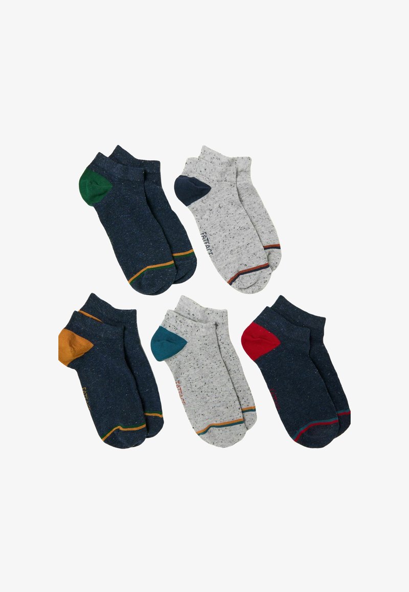 Cinq paires de socquettes aux nuances de bleu foncé et de gris, avec des accents colorés au talon et à l'orteil. Différentes textures et motifs légèrement mouchetés.