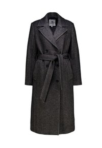 Trenchcoat met visgraatpatroon in zwart en grijs. Dubbelgeklapt ontwerp, brede revers, strikceintuur en voorzakken. Wolblendstof.