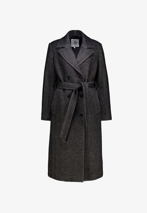 Trenchcoat met visgraatpatroon in zwart en grijs. Dubbelgeklapt ontwerp, brede revers, strikceintuur en voorzakken. Wolblendstof.