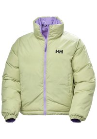 Veste en duvet de couleur vert clair avec une fermeture éclair à l'avant et des accents violets. Présente un col haut, des poignets élastiques et un logo imprimé sur la poitrine.
