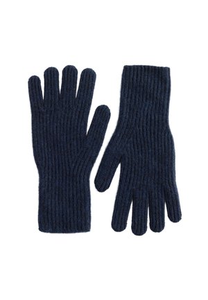 Navy blue ribbed knit gloves made of soft material featuring five-finger design for full hand coverage and warmth.