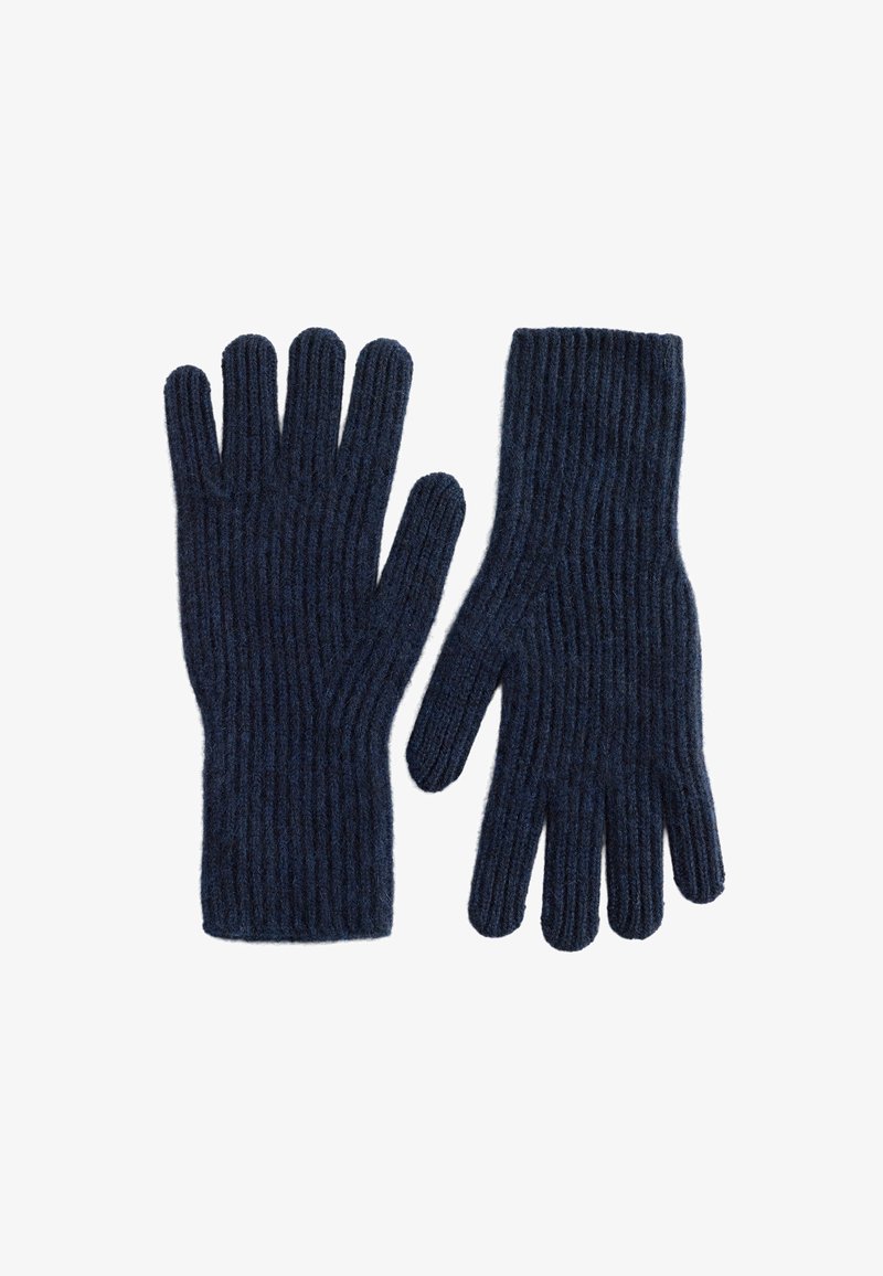 Navy blue ribbed knit gloves made of soft material featuring five-finger design for full hand coverage and warmth.