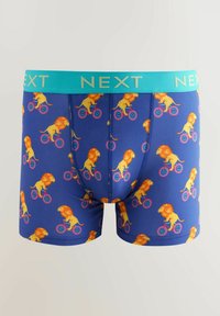Jungen Boxershorts in Blau mit einem sich wiederholenden Muster von Löwen, die Fahrrad fahren, in leuchtendem Orange und Pink, versehen mit einem türkisfarbenen "NEXT"-Bund.