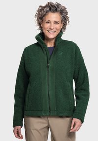 Grüne Fleecejacke mit strukturierter Oberfläche, durchgehendem Reißverschluss, hohem Kragen und Seitentaschen. Das Design zeichnet sich durch eine einheitliche Farbe und dezente Markenkennzeichnung aus.