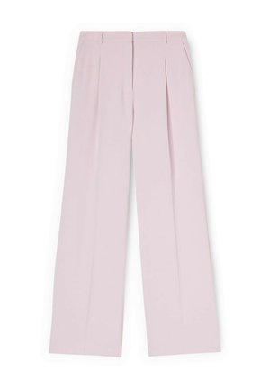Light pink high-waist, wide-leg trousers with front pleats and belt loops, displayed on a white background.