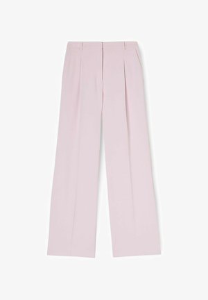 Hellrosa, hoch taillierte, weit geschnittene Hosen mit Vorderfalten und Gürtelschlaufen, dargestellt auf weißem Hintergrund.