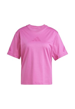 T-shirt rose à manches courtes en tissu doux. Doté d'un col rond et d'une coupe légèrement ample. Inclut un logo ton sur ton sur le devant et les manches.
