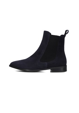 Navy suede Chelsea boots with elastic side panels, a smooth texture, rounded toe, and a low black rubber heel. Rear pull tab for ease of wear.