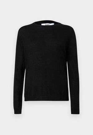 Maglione nero lavorato a maglia con scollo rotondo, maniche lunghe e polsini e orlo a costine. Tessitura liscia con dettagli minimali.