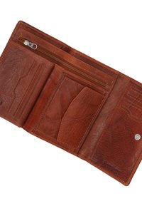 Bruine portemonnee van echt leer met een gestructureerde afwerking. Voorzien van meerdere sleuven voor kaarten, een met rits afsluitbaar vak en een drukknoopsluiting.
