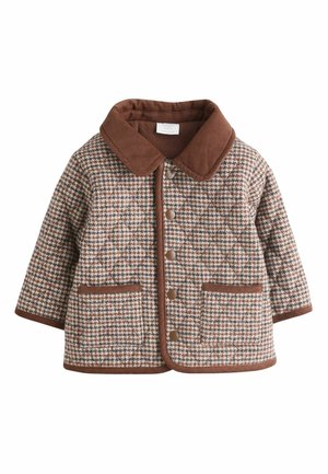Veste bébé à motif pied-de-poule marron et beige, grand col, boutons devant, deux poches et bordure marron aux manches et à l'ourlet.