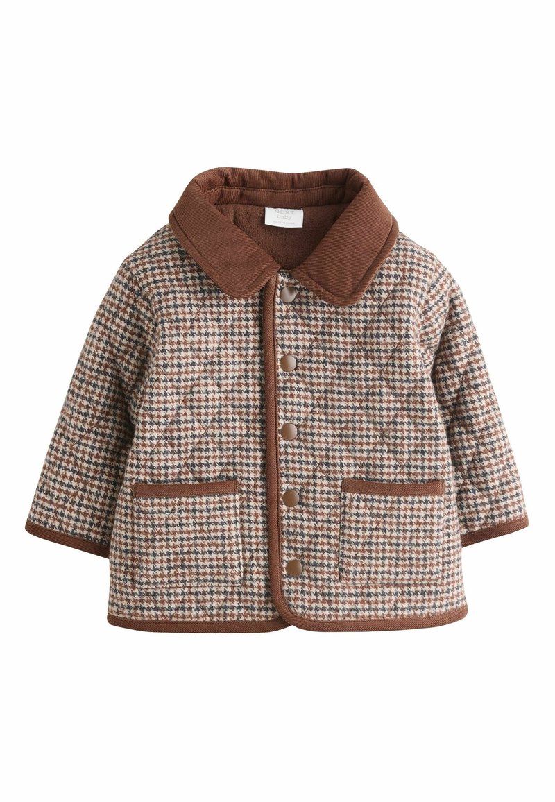 Veste bébé à motif pied-de-poule marron et beige, grand col, boutons devant, deux poches et bordure marron aux manches et à l'ourlet.