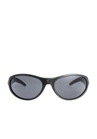 Gafas de sol negras con forma ovalada, lentes oscuros y un marco texturizado con un ligero brillo. Sin marcas o adornos visibles.