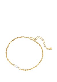 Goldfarbene Kettenarmband mit einem gedrehten Design, einem glatten, runden Perlenakzent und einem Karabinerverschluss, mit einer Verlängerungskette zur Größeneinstellung.