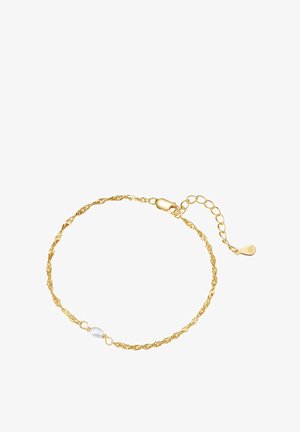 Bracelet en chaîne dorée avec un design torsadé, accentué d'une perle ronde lisse et d'une fermeture à mousqueton, avec une chaîne d'extension pour le réglage de la taille.