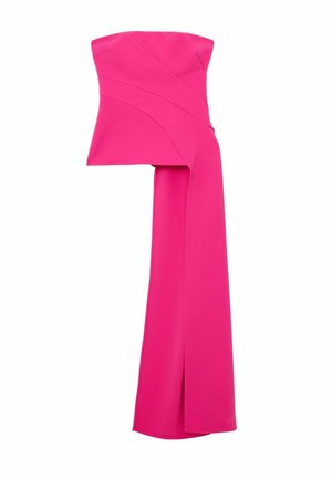 Stropeløs fuchsia aftenkjole med struktureret korset og lang asymmetrisk draperet panel, der går fra taljen til gulvet.
