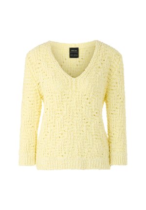 Yellow, knitted sweater with a V-neck, long sleeves, textured pattern, and loose fit. Fabric appears soft and warm. Tag visible at neckline.