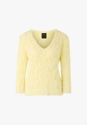 Yellow, knitted sweater with a V-neck, long sleeves, textured pattern, and loose fit. Fabric appears soft and warm. Tag visible at neckline.