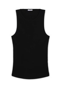 Canottiera nera senza maniche realizzata in tessuto morbido, con scollatura rotonda e orlo curvo. Design semplice senza schemi o accenti visibili.