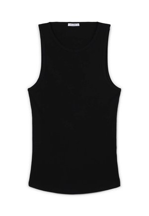 Canottiera nera senza maniche realizzata in tessuto morbido, con scollatura rotonda e orlo curvo. Design semplice senza schemi o accenti visibili.