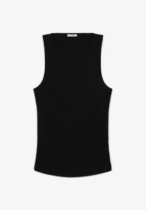 Canottiera nera senza maniche realizzata in tessuto morbido, con scollatura rotonda e orlo curvo. Design semplice senza schemi o accenti visibili.