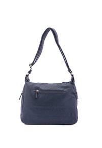 Borsa a spalla in pelle blu scuro con superficie texturizzata, cinturini regolabili e tasca frontale con zip. Design semplice e funzionale.