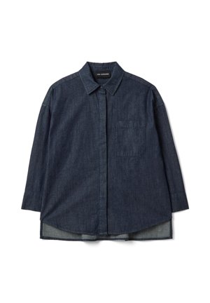 Dark blue long-sleeve denim shirt with a front chest pocket, buttoned collar, and concealed button placket, laid flat.
