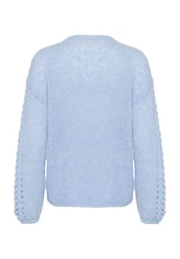 Light blue knitted sweater with a loose fit, featuring a textured fabric and openwork detailing on the sleeves. Round neckline.