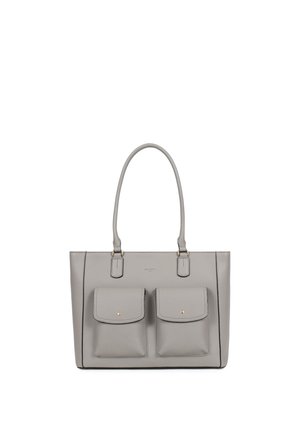 Gray leather tote bag with two front flap pockets and double shoulder straps, minimalist design, against a white background.