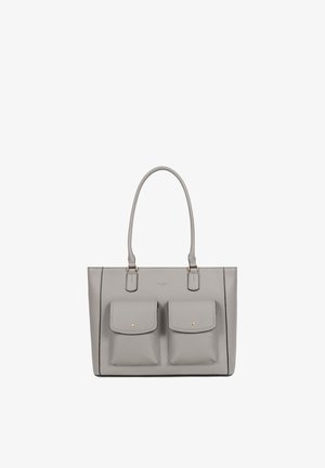 Graue Ledertasche mit zwei Frontklapptaschen und doppelten Schulterriemen, minimalistisches Design, vor weißem Hintergrund.