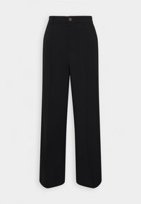 Pantalon noir taille haute à jambes droites avec passants de ceinture, fermeture à boutons devant et plis marqués le long des jambes.