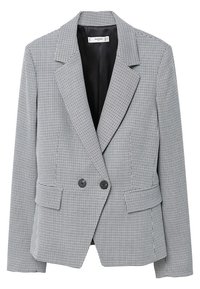 Blazer pied-de-poule in bianco e nero con collo a revers, chiusura a doppio bottone e due tasche frontali. Tessuto dalla texture liscia.