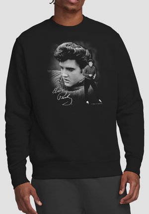 Black sweatshirt featuring two black-and-white portraits of Elvis Presley, one close-up and one full body, with his signature below.