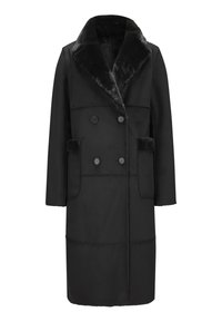 Schwarzer zweireihiger Mantel mit einem Kunstfellkragen, ausgestattet mit zwei seitlichen Taschen, langen Ärmeln und einem geraden Schnittdesign mit sichtbaren Nähten.