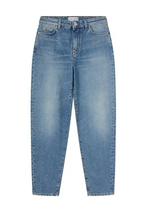 Jeans in denim azzurro chiaro, a vita alta, con taglio dritto, caratterizzati da un design a cinque tasche e chiusura frontale con bottone. Texture sbiadita con cuciture minime.
