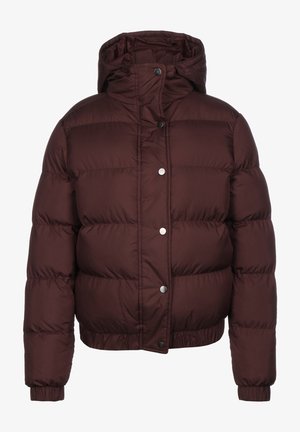 Maroon puffer jacket with a hood, featuring a quilted design, silver snap buttons, and elasticized cuffs and hem for a fitted silhouette.