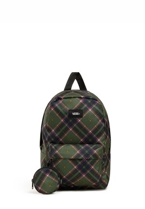 Sac à dos Vans à carreaux verts avec poche avant et pochette ronde assortie attachée, sur fond blanc.