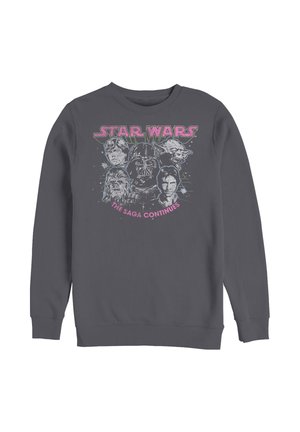 Mørkegrå sweatshirt med Star Wars-figurerne Luke Skywalker, Darth Vader, Yoda, Chewbacca, Han Solo og teksten „The saga continues.“