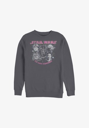 Mørkegrå sweatshirt med Star Wars-figurerne Luke Skywalker, Darth Vader, Yoda, Chewbacca, Han Solo og teksten „The saga continues.“