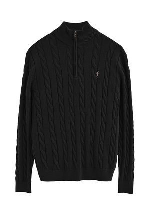 Maglione nero a maglia con colletto alto e zip a quarto. Presenta un motivo a treccia testurizzato e un piccolo logo sulla parte anteriore.