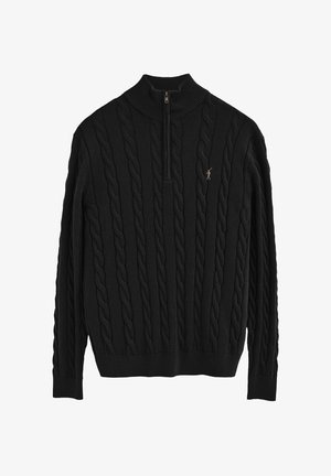 Maglione nero a maglia con colletto alto e zip a quarto. Presenta un motivo a treccia testurizzato e un piccolo logo sulla parte anteriore.