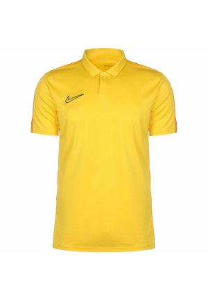 Nike polo shirt in felgeel, met een kraaghals, korte mouwen en een zwart logo op de linkerborst. Gladde textuur.