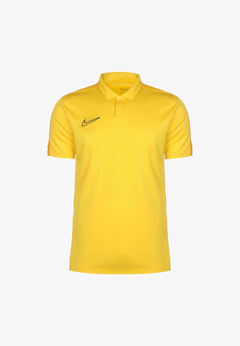 Polo shirt Nike di un brillante giallo, con colletto, maniche corte e logo nero sul petto sinistro. Texture liscia.