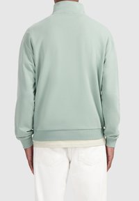 Mintgroene pulloverjack met een staande kraag, ribgebreide manchetten en onderkant, gemaakt van zacht materiaal. Draagt over een lichtgekleurde shirt.