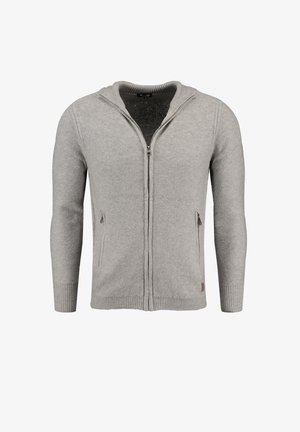 Hellgraue, Reißverschluss-Cardigan aus weichem Strickmaterial, mit Kapuze, zwei Seitentaschen, gerippten Bündchen und einem strukturierten Innenfutter.