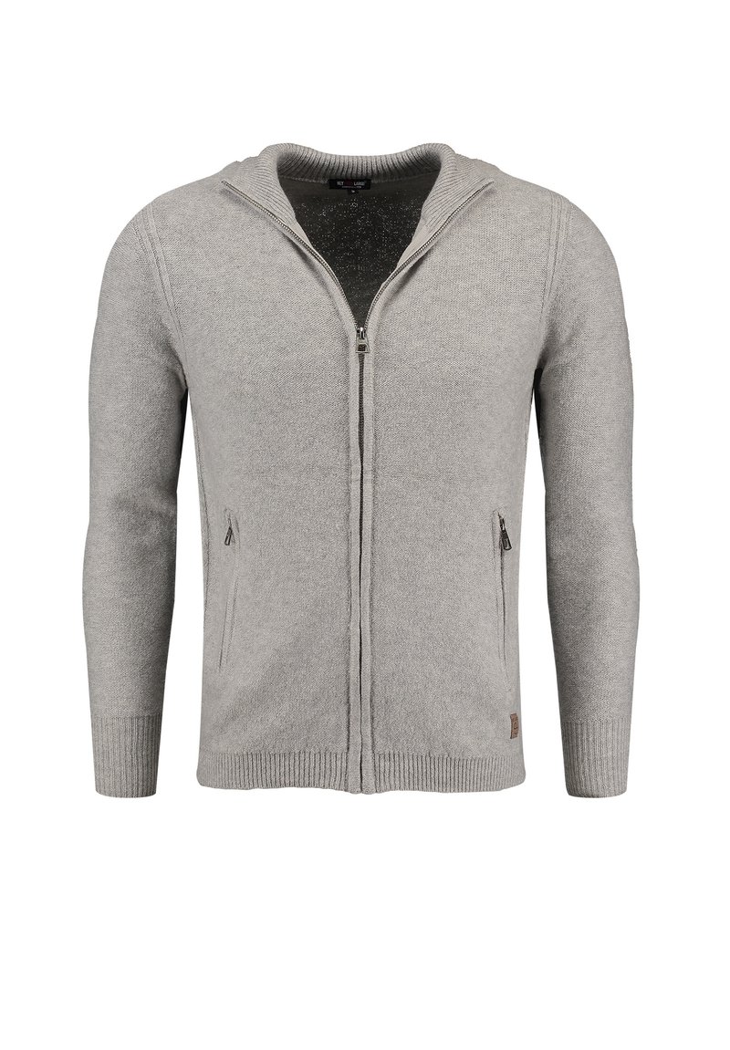 Cardigan zip-up grigio chiaro realizzato in morbido materiale a maglia, dotato di cappuccio, due tasche laterali, polsini a coste e foderato internamente con una texture.